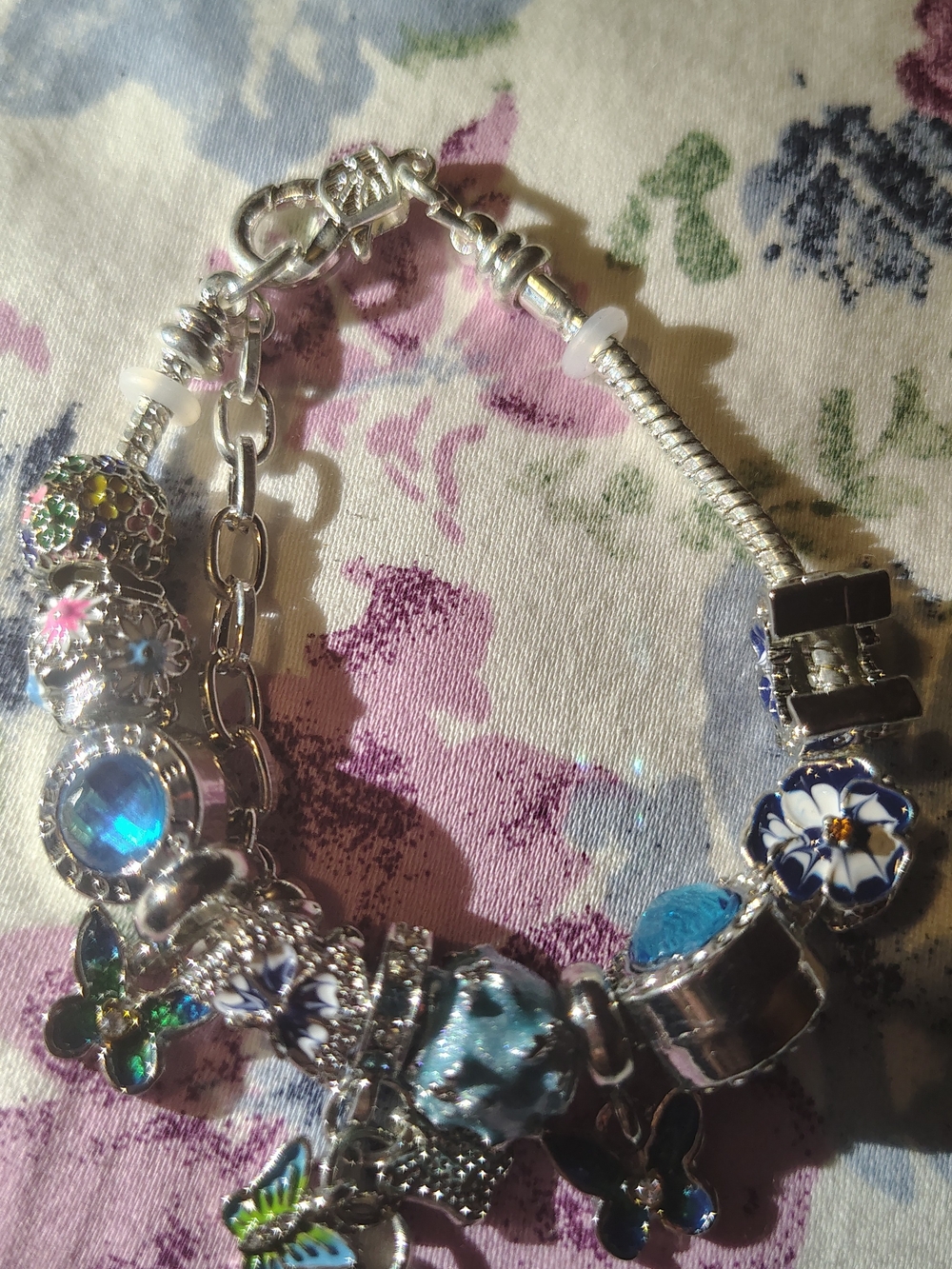 Sterling Silver Blue Floral Charm Bracelet - Women Jewelry